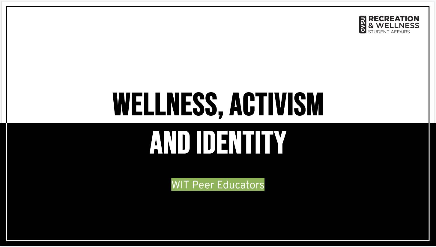 Image of black and white presentation slide "Wellness, Activism and Identity"